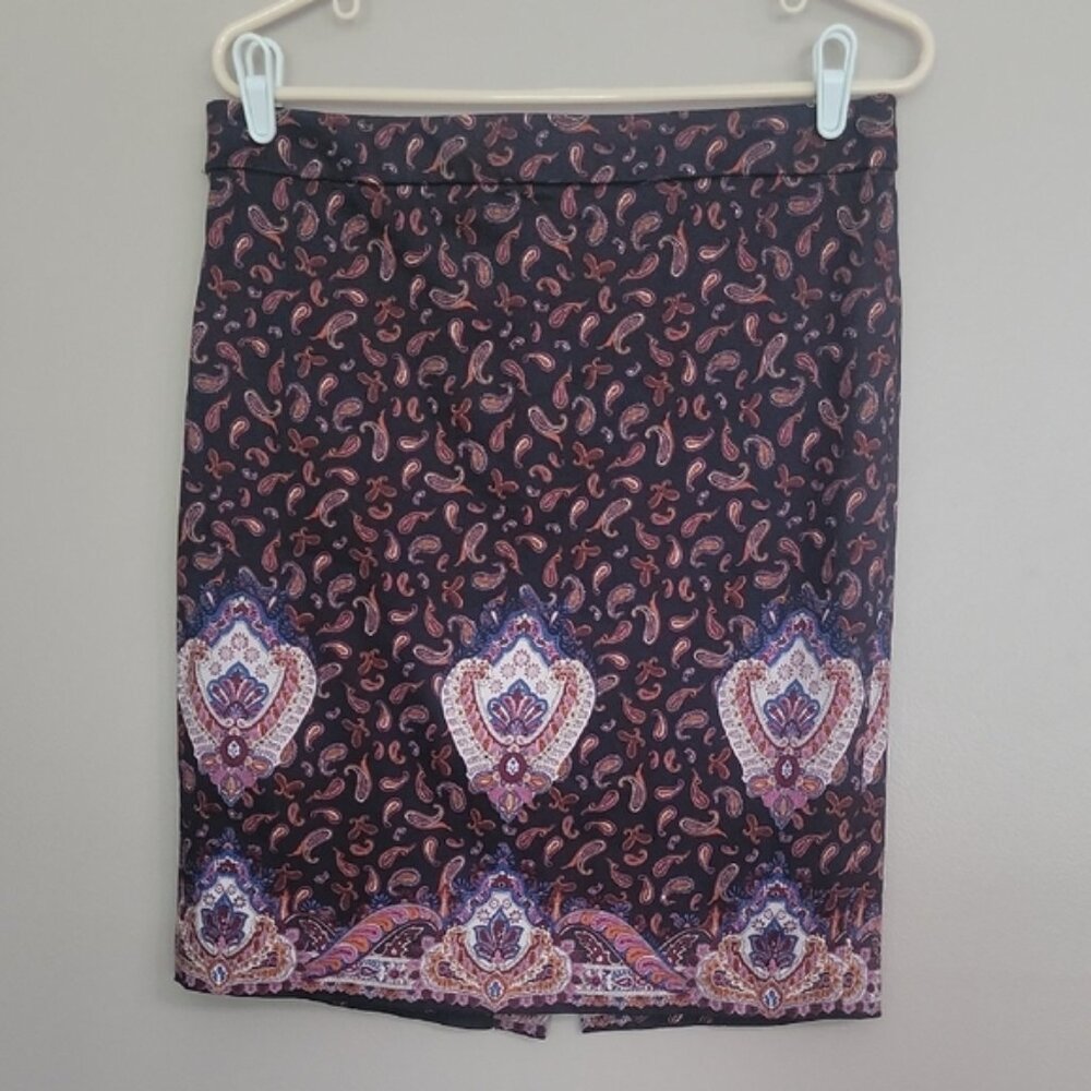 J. Crew Paisley Pencil Skirt - Black Orange White Pink Blue Size 8